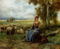 Schäferess wacht über ihre Herde Leben Bauernhof Realismus Julien Dupre